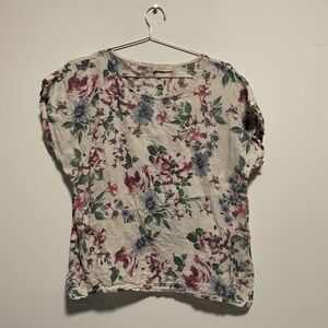 Bellambria Italy Women's Short Sleeve Blouse Floral 100% Linen in Medium